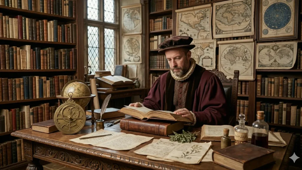 "مشهد يوضح تأثير ابن البيطار على أوروبا، حيث يقرأ عالم أوروبي أعماله في مكتبة قديمة، مما يظهر انتقال العلم العربي إلى الغرب."