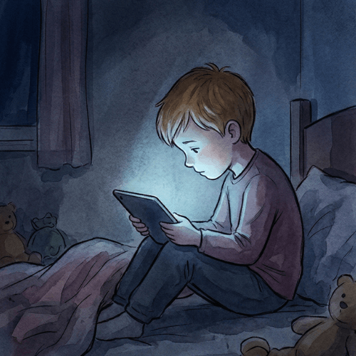 صورة رمزية تقارن بين طفل منعزل أمام شاشة لوحية وطفل يجلس مع والده يقرأ قصة نبوية، لتجسيد الفرق بين تربية الشاشات والتربية على هدي النبي