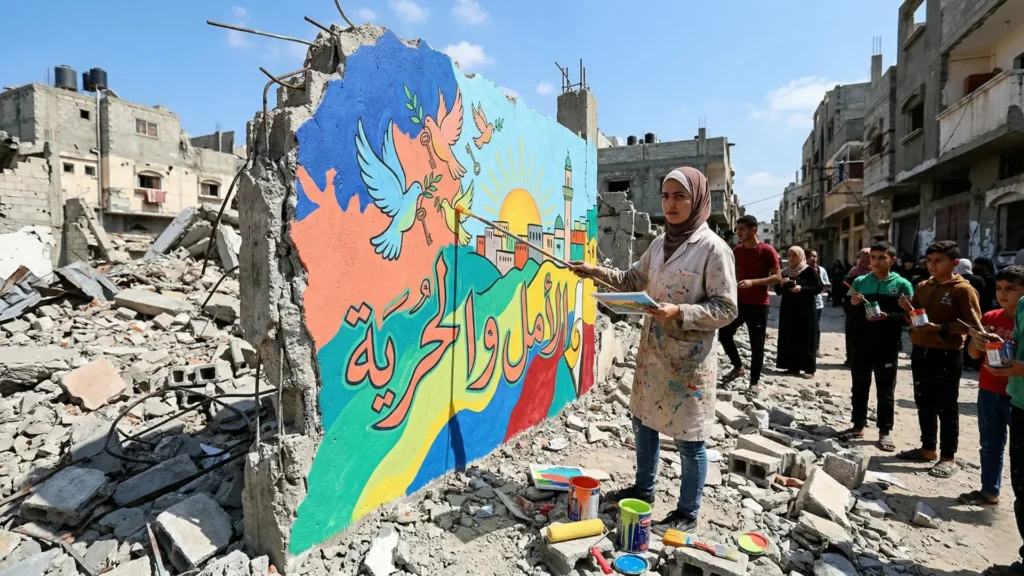 "فنان فلسطيني يرسم جدارية مليئة بالألوان والأمل على جدار مهدّم في غزة، ليحوّل الركام إلى مساحة تعبير ومقاومة ثقافية."

