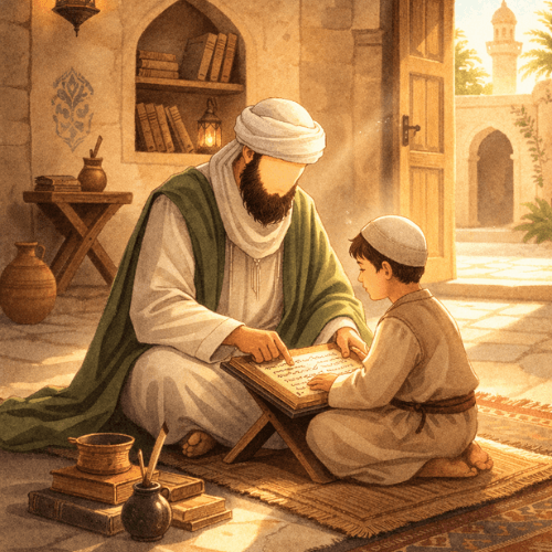 مشهد تعليمي داخل مسجد بسيط في العصر النبوي، رجل يعلّم طفلاً تلاوة القرآن في جو من الهدوء والرحمة.