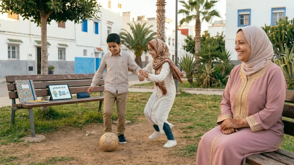 "طفلان يلعبان في الهواء الطلق بينما يبقى جهاز لوحي على المقعد بجانبهما، في صورة ترمز إلى التوازن الصحي بين استخدام الذكاء الاصطناعي واللعب الواقعي."

