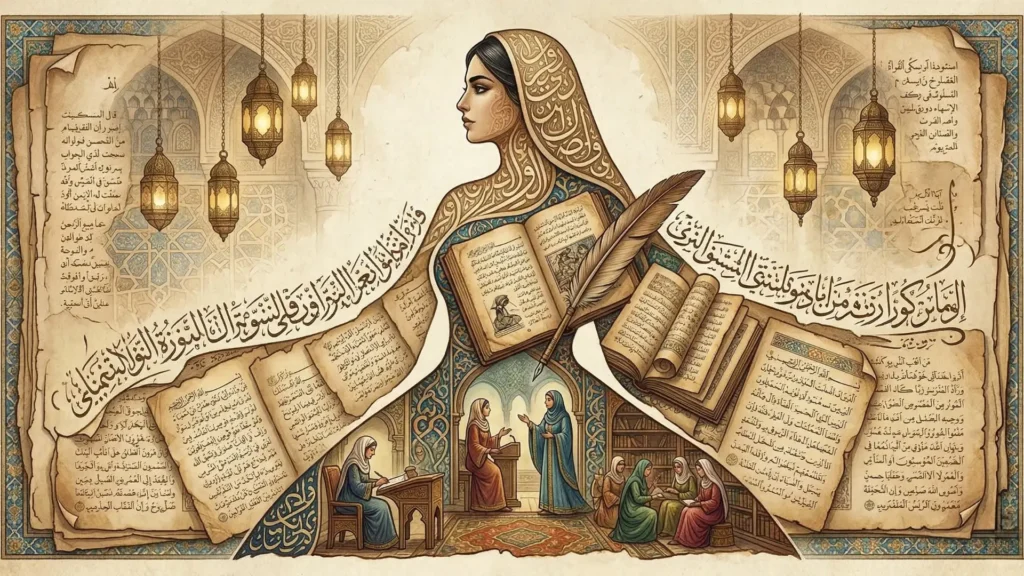 "مشهد هادئ داخل جناح من القصر العباسي، يظهر فيه نقاش سياسي بين رجال، مع امرأة مؤثرة تشارك بالرأي، في إشارة لدورها في توجيه قرار الخلافة."

