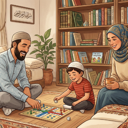 أسرة مسلمة معاصرة يلعب فيها الأب مع طفله في غرفة معيشة هادئة دون شاشات، تعبيرًا عن تطبيق قيم الرحمة والوقت النوعي من هدي النبي في زمننا.