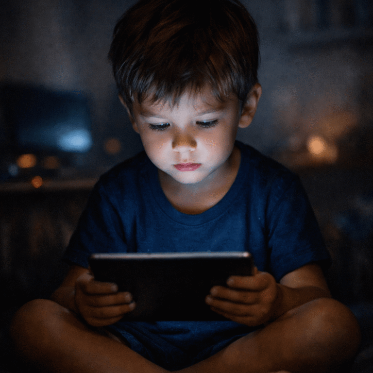 "طفل يجلس بمفرده في غرفة مظلمة أمام جهاز لوحي يضيء وجهه، تعبيرًا عن غرق الأطفال في المحتوى الرقمي لساعات طويلة."