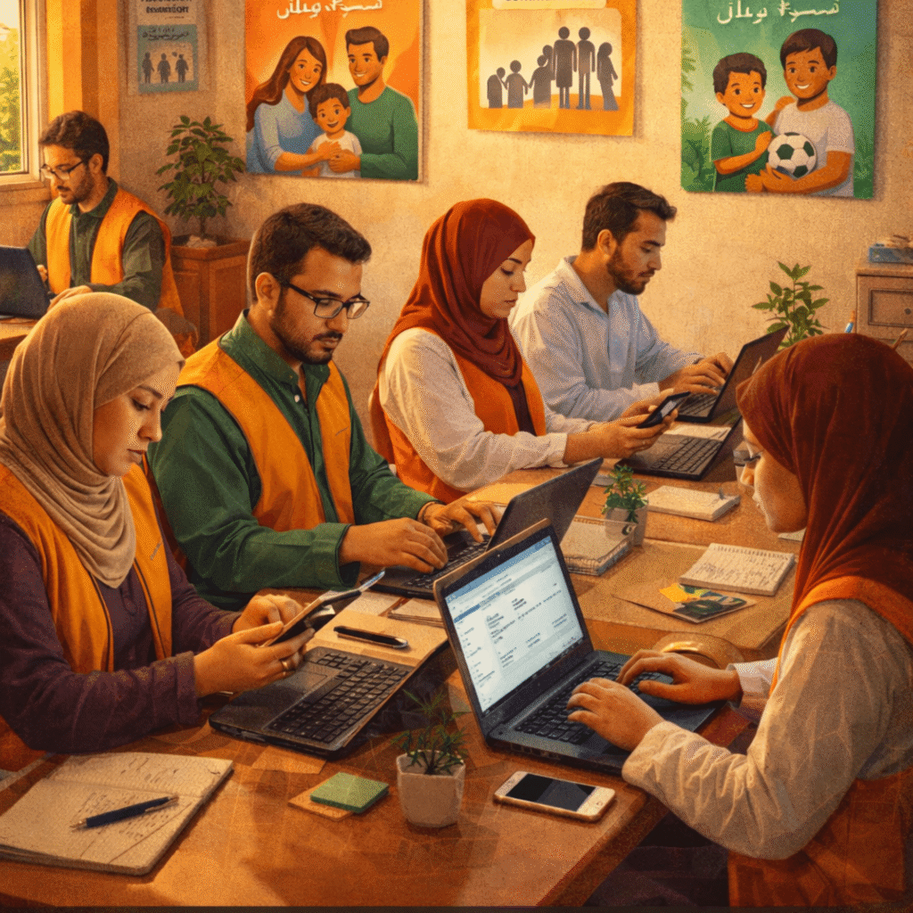 "متطوعون في مقر جمعية محلية يعملون على الحاسوب والهاتف لتسيير صفحات التواصل وتنظيم بيانات الأسر والأطفال في جو تعاوني."

