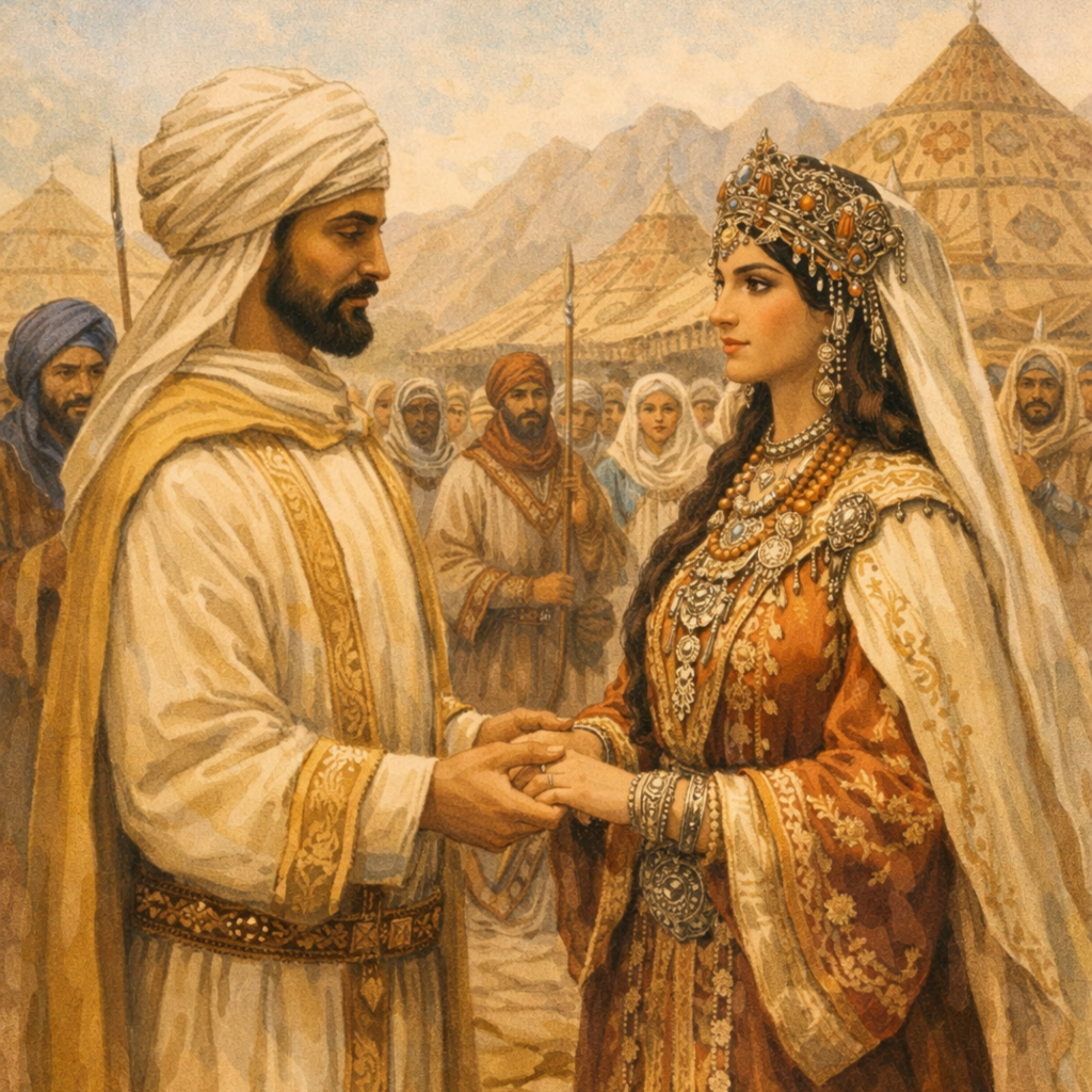 "مشهد تاريخي متخيّل لحفل زواج إدريس الأول من كنزة الأوربية وسط قبيلة أوربة الأمازيغية في بداية تأسيس الدولة الإدريسية بالمغرب."

