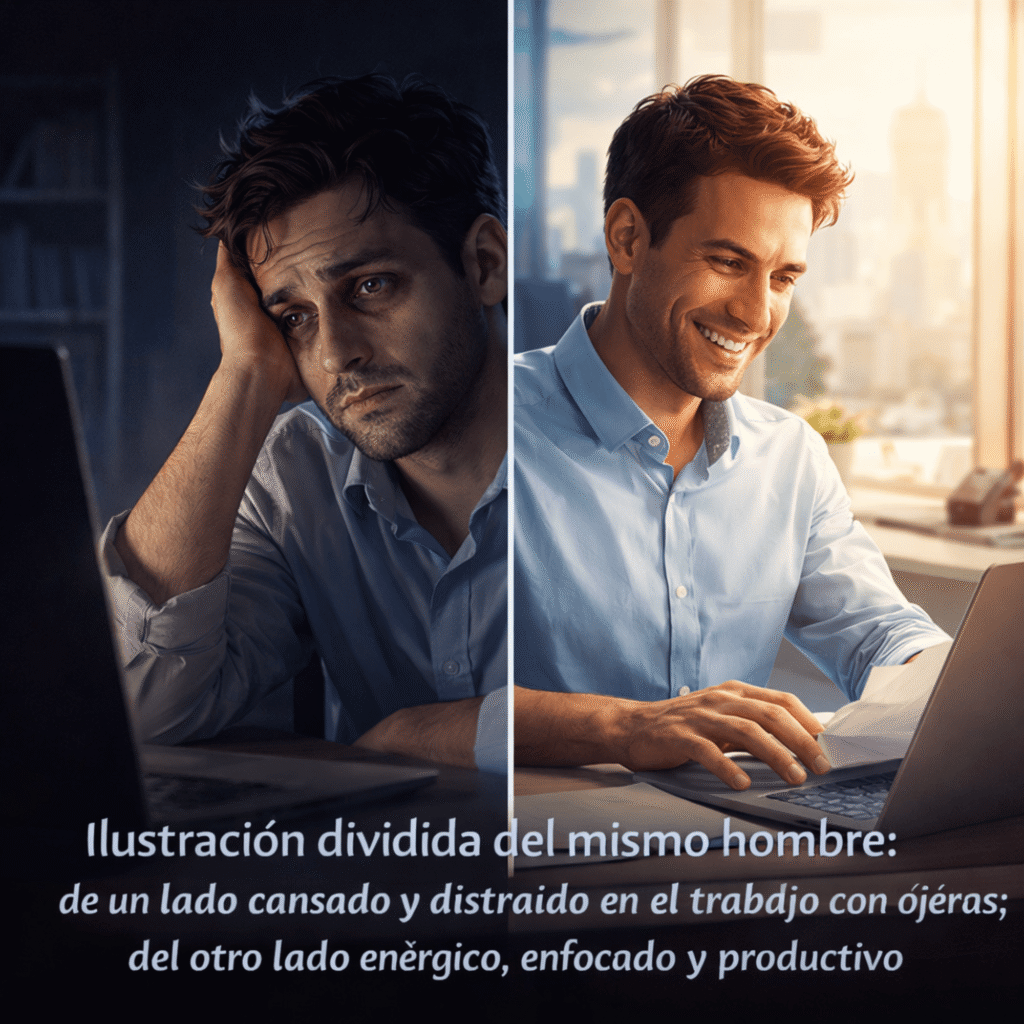 "صورة مزدوجة لنفس الشخص في يومين مختلفين؛ أحدهما مرهق قليل التركيز، والآخر نشيط ومنتج، لتجسيد تأثير جودة النوم العميق على الأداء اليومي."