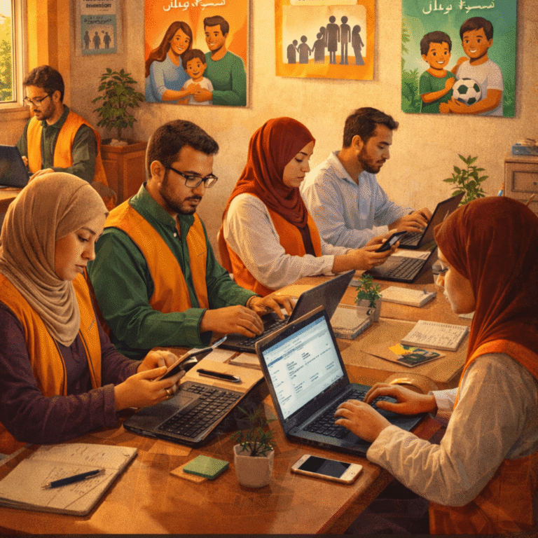 "متطوعون في مقر جمعية محلية يعملون على الحاسوب والهاتف لتسيير صفحات التواصل وتنظيم بيانات الأسر والأطفال في جو تعاوني."