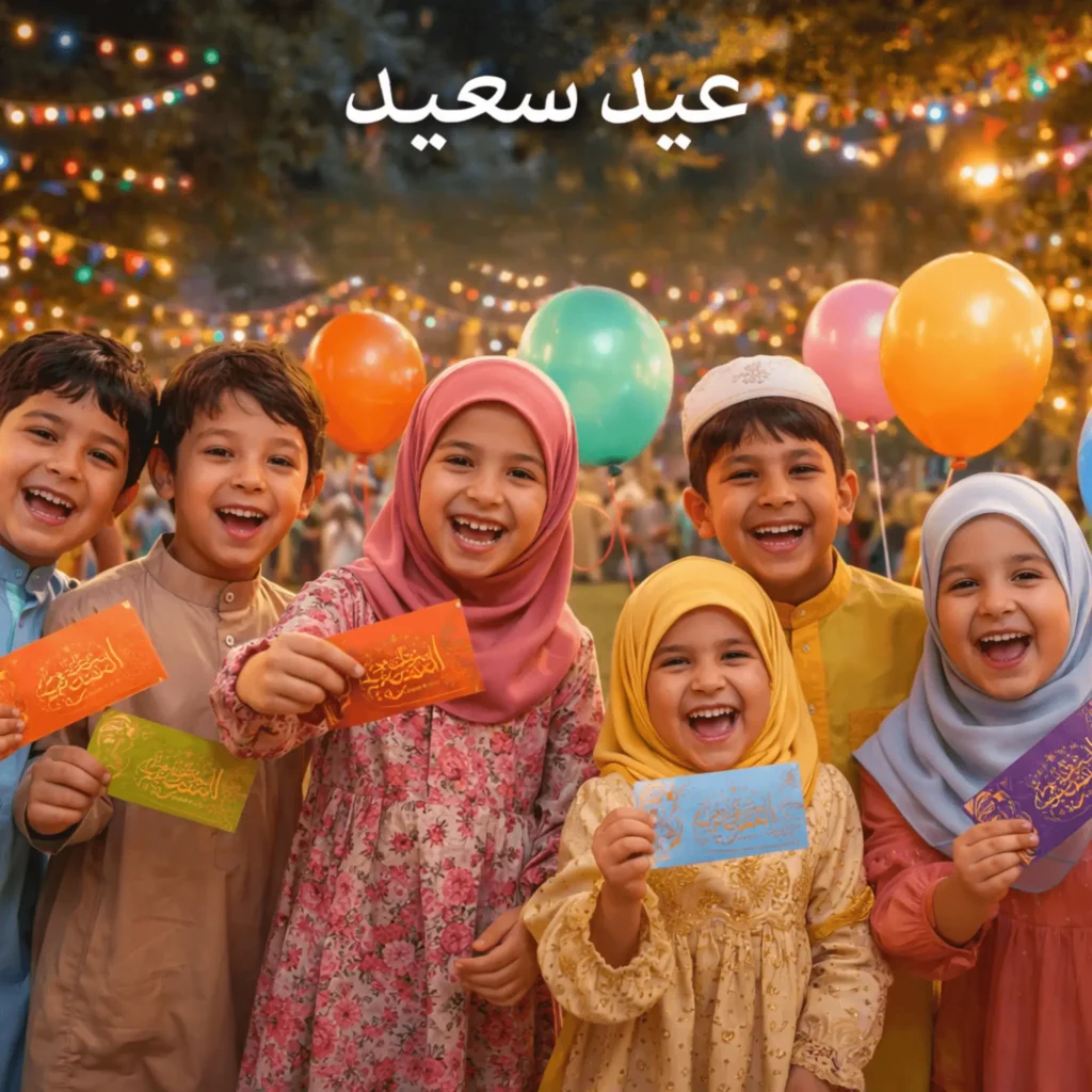 "أطفال يرتدون ملابس العيد الجديدة ويلعبون بالبالونات ويحملون العيدية في حديقة مزينة، تعبيرًا عن فرحة عيد الفطر للصغار."

