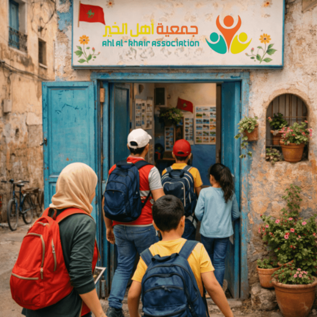 "واجهة مقر جمعية محلية في حي شعبي يحمل اسمًا خيريا، يدخل منه أطفال وشباب للمشاركة في أنشطة تربوية واجتماعية."

