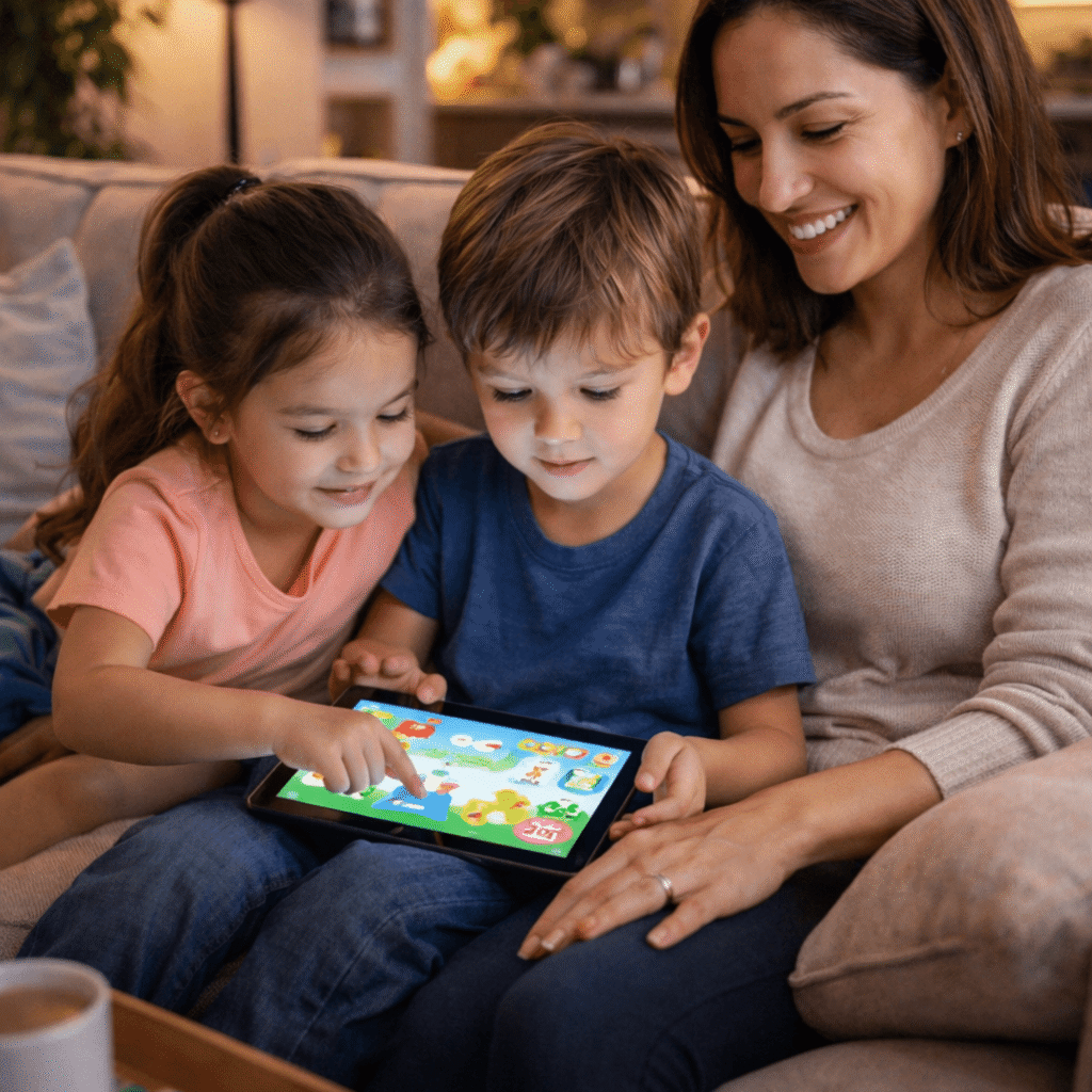 "طفلان يستخدمان تطبيقًا تعليميًا على جهاز لوحي بينما يجلس أحد الوالدين بجانبهما، تجسيدًا للاستخدام الإيجابي المنظم للتقنية."


