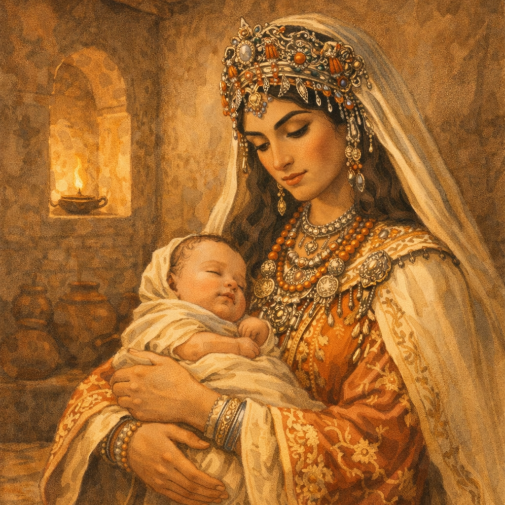 "لوحة تعبيرية لكنزة الأوربية وهي تحمل ابنها إدريس الثاني، في مشهد يجسد دورها في حماية العرش الإدريسي ورعاية مؤسس قوة الدولة."

