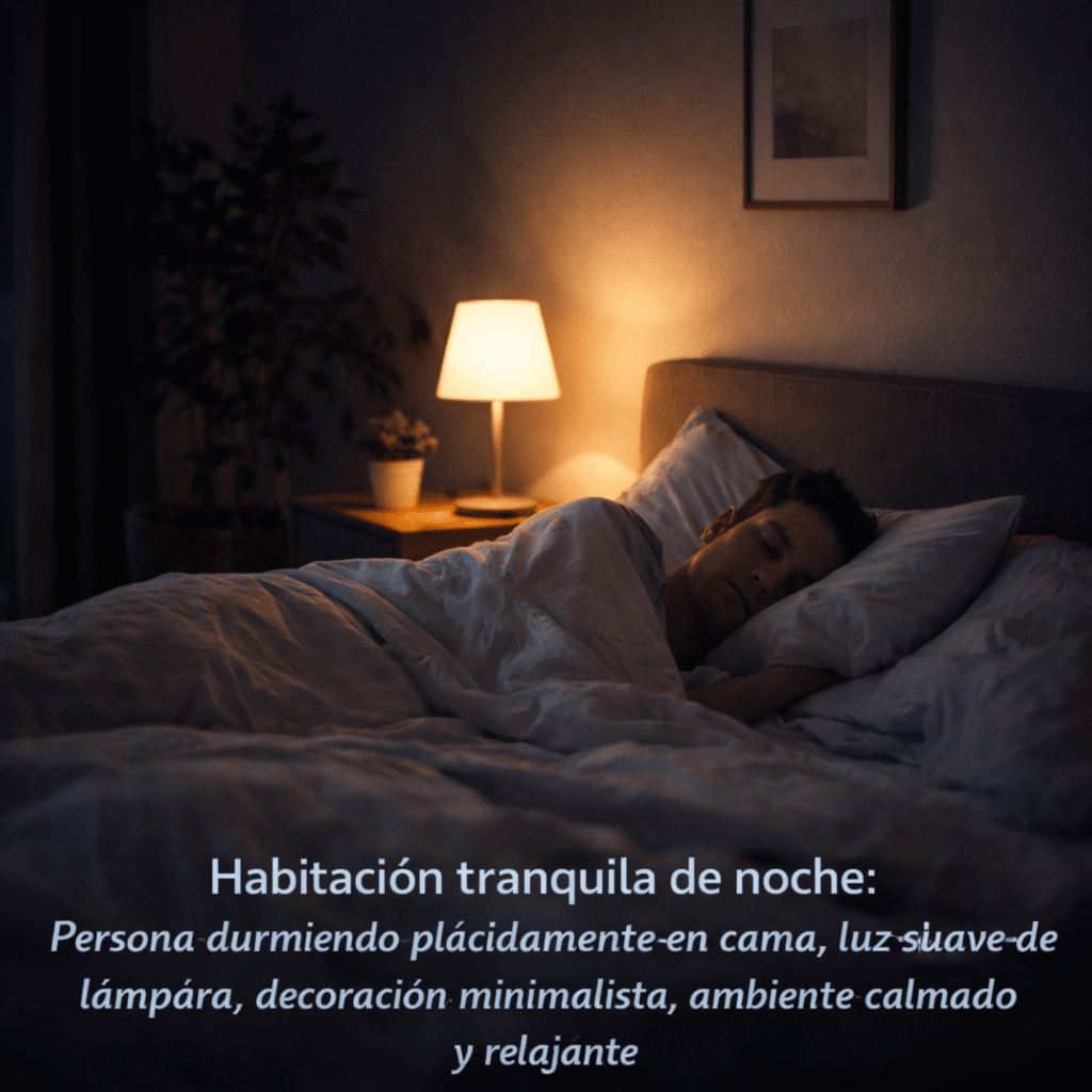 "غرفة نوم هادئة ومظلمة يظهر فيها شخص نائم براحة، لتوضيح أهمية بيئة النوم المناسبة في تحسين جودة النوم العميق والراحة النفسية."