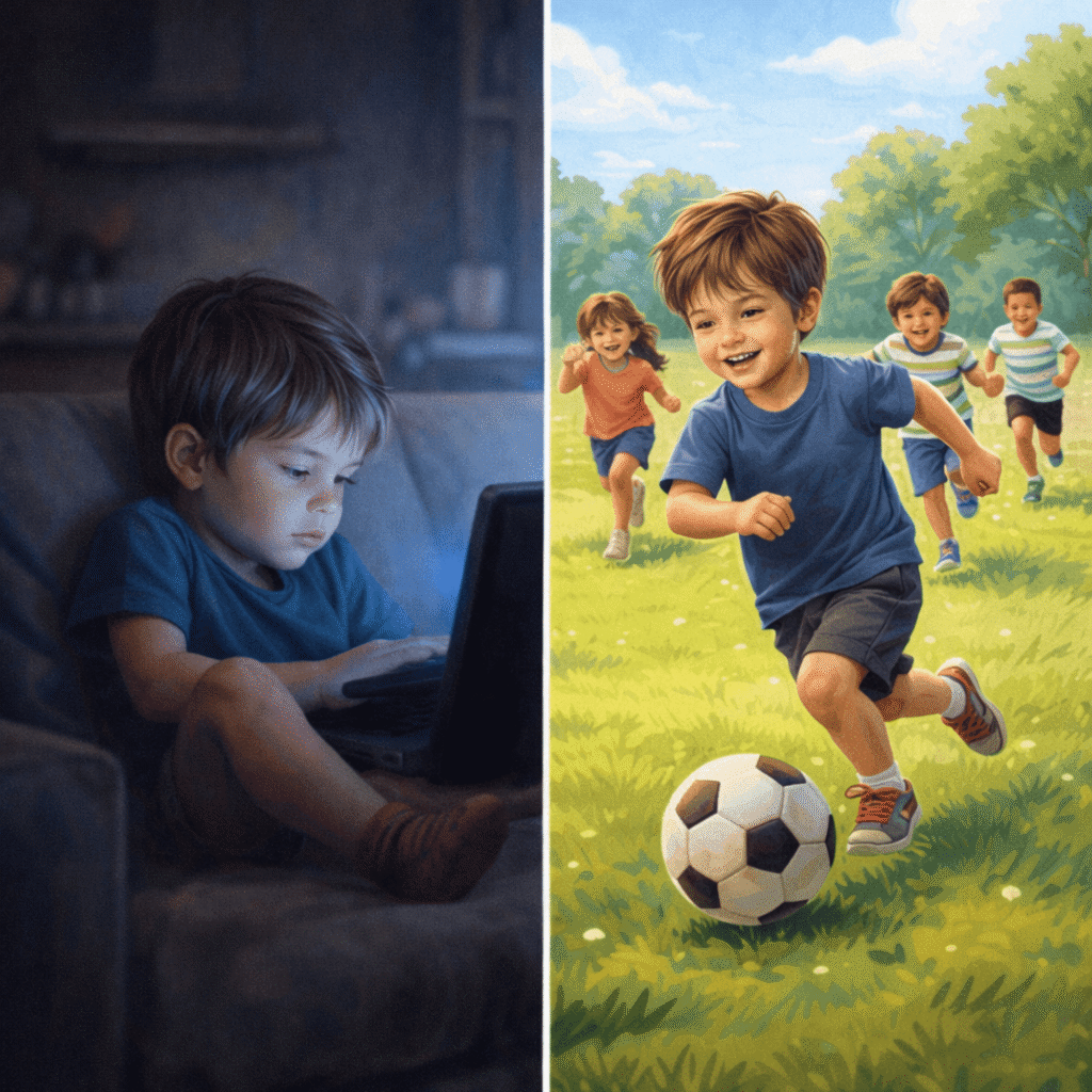 "صورة رمزية تقارن بين طفل يقضي وقته أمام الشاشة وطفل يلعب في الهواء الطلق، لإبراز فرق التأثير على صحته ونموه."


