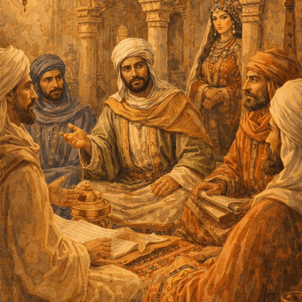 "مشهد تخيلي لمجلس شورى في الدولة الإدريسية مع حضور رمزي لكنزة الأوربية، تعبيرًا عن دورها في المشورة وحفظ توازن الحكم بعد وفاة زوجها."

