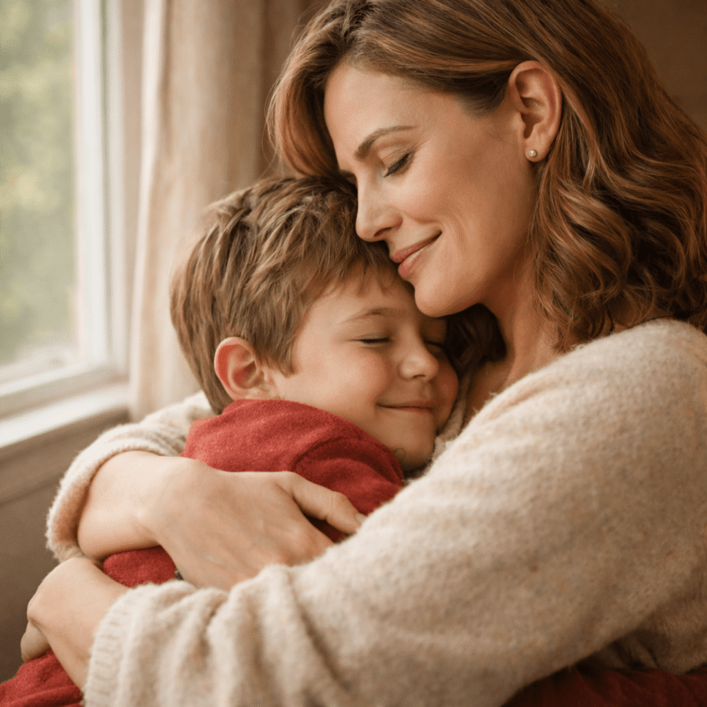 "أم تعانق طفلها بحنان في لقطة قريبة تعبر عن أهمية الاحتواء الجسدي والعاطفي في بناء سلامه النفسي وثقته بنفسه."

