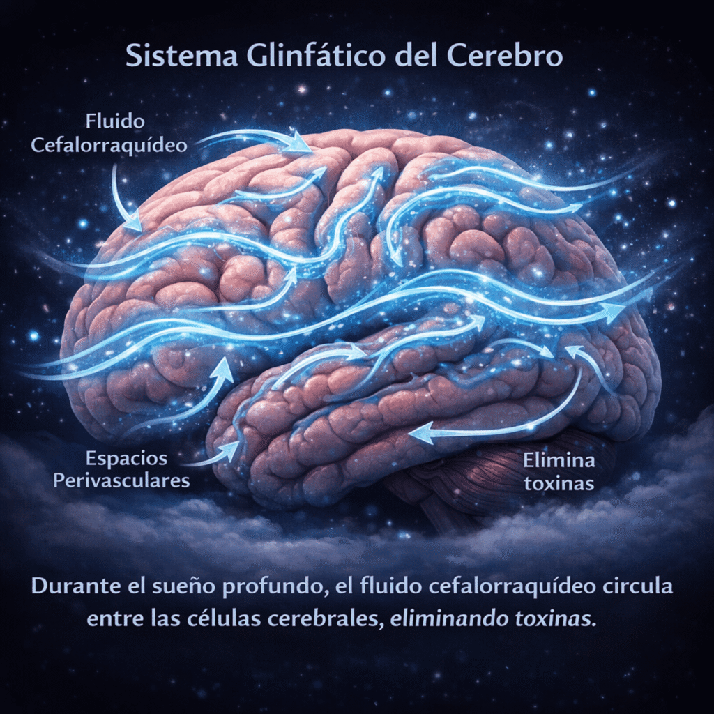"رسم توضيحي مبسط للجهاز اللمفاوي الدماغي، يوضح كيف تتحرك السوائل حول خلايا الدماغ أثناء النوم العميق لإزالة السموم والنفايات الأيضية."