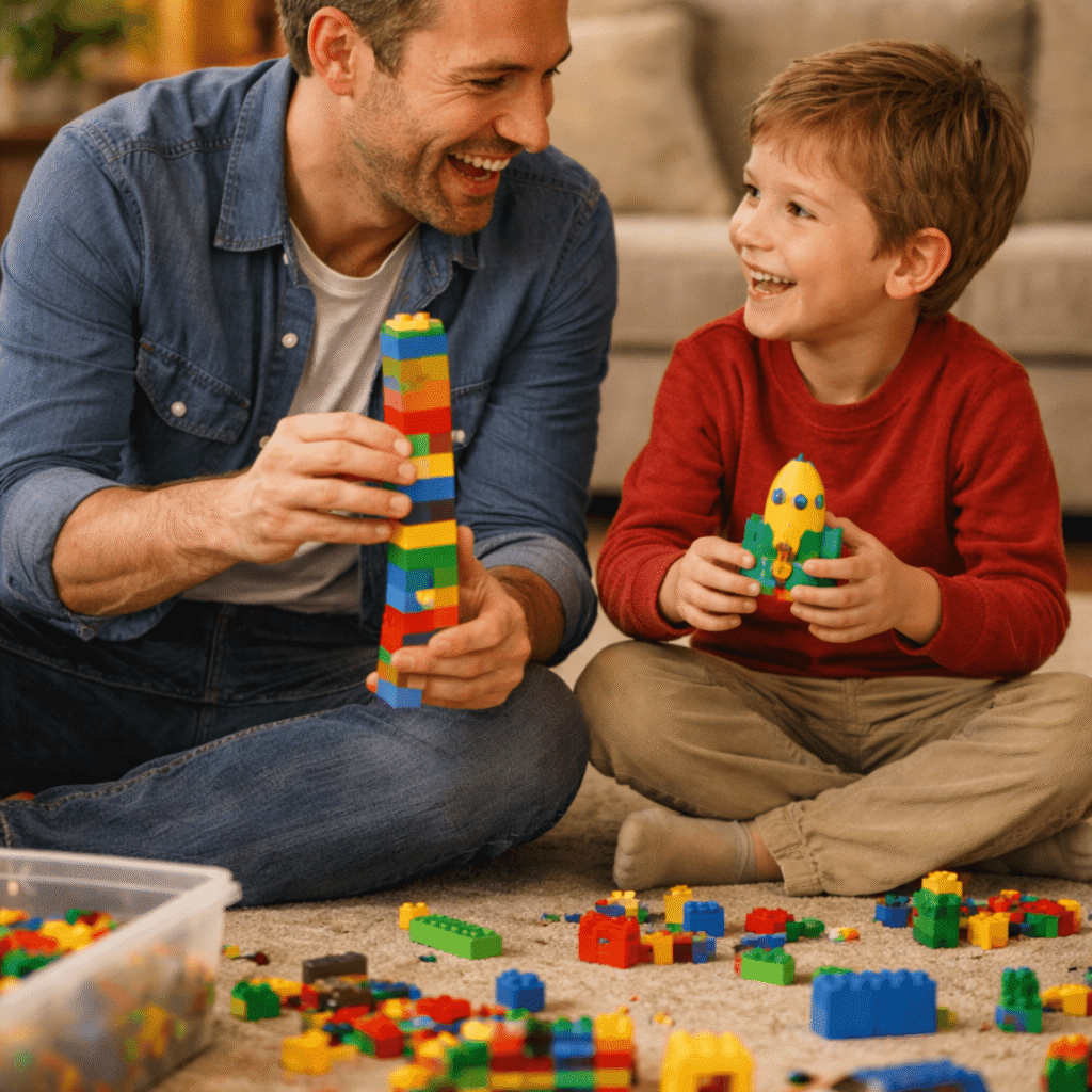 "أب يجلس على الأرض ويلعب بالمكعبات مع طفله في جو مرح، ليجسد أهمية اللعب المشترك في تقوية العلاقة وبناء شخصية الطفل."

