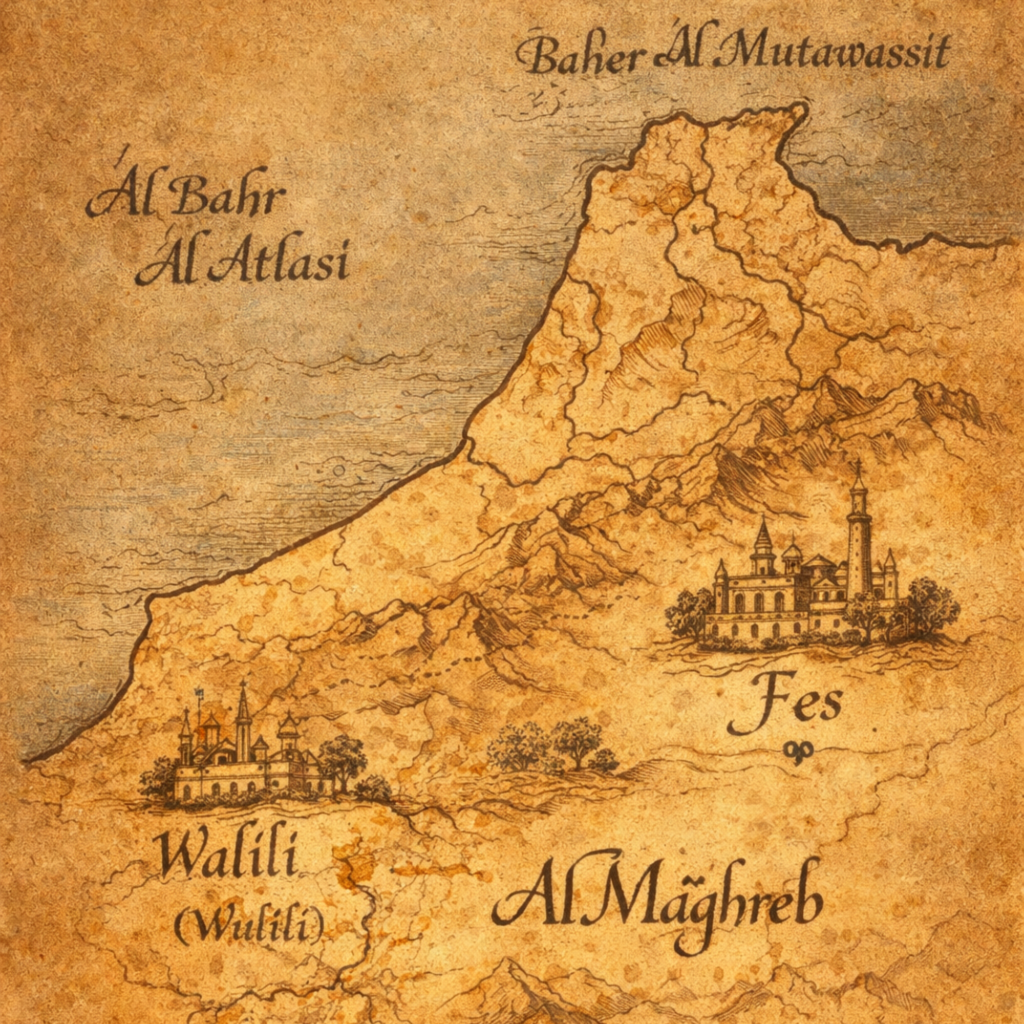 "خريطة فنية قديمة للمغرب في عهد الأدارسة تُبرز وليلي وفاس، لتوضيح السياق الجغرافي لتاريخ كنزة الأوربية وبناء أول دولة إسلامية بالمغرب."

