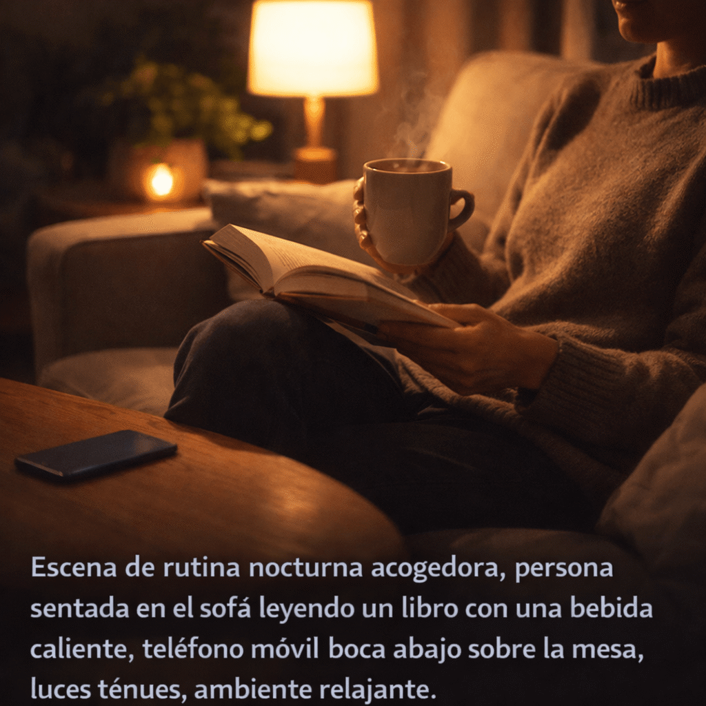 "مشهد روتين مسائي هادئ لشخص يقرأ كتابًا مع مشروب دافئ بعيدًا عن الشاشات، لتوضيح دور عادات الاسترخاء قبل النوم في تعزيز النوم العميق."