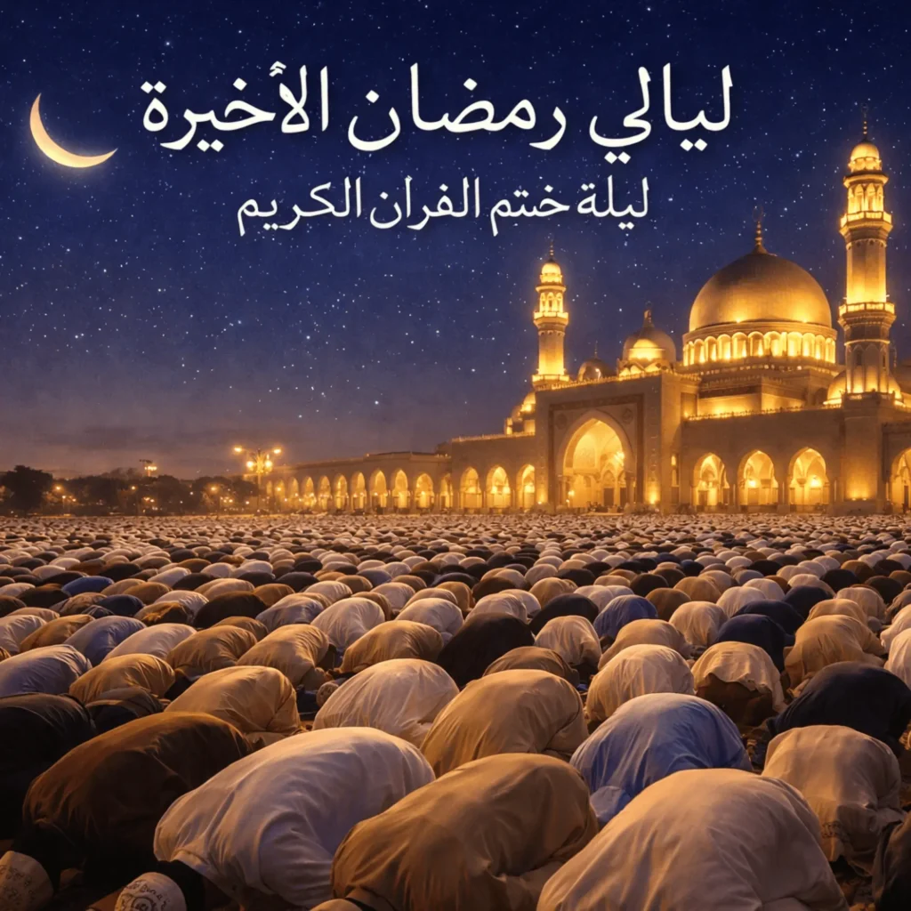 "مسجد مكتظ بالمصلين في الليالي الأخيرة من رمضان، يحيون ليلة القدر في أجواء روحانية مملوءة بالخشوع والسكينة."
