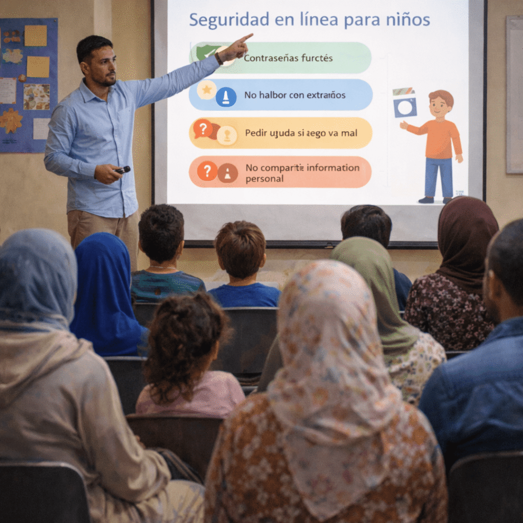 "قاعة جمعية محلية تستضيف ورشة توعية رقمية للأهالي والأطفال حول سلامة استخدام الإنترنت والمحتوى الرقمي."


