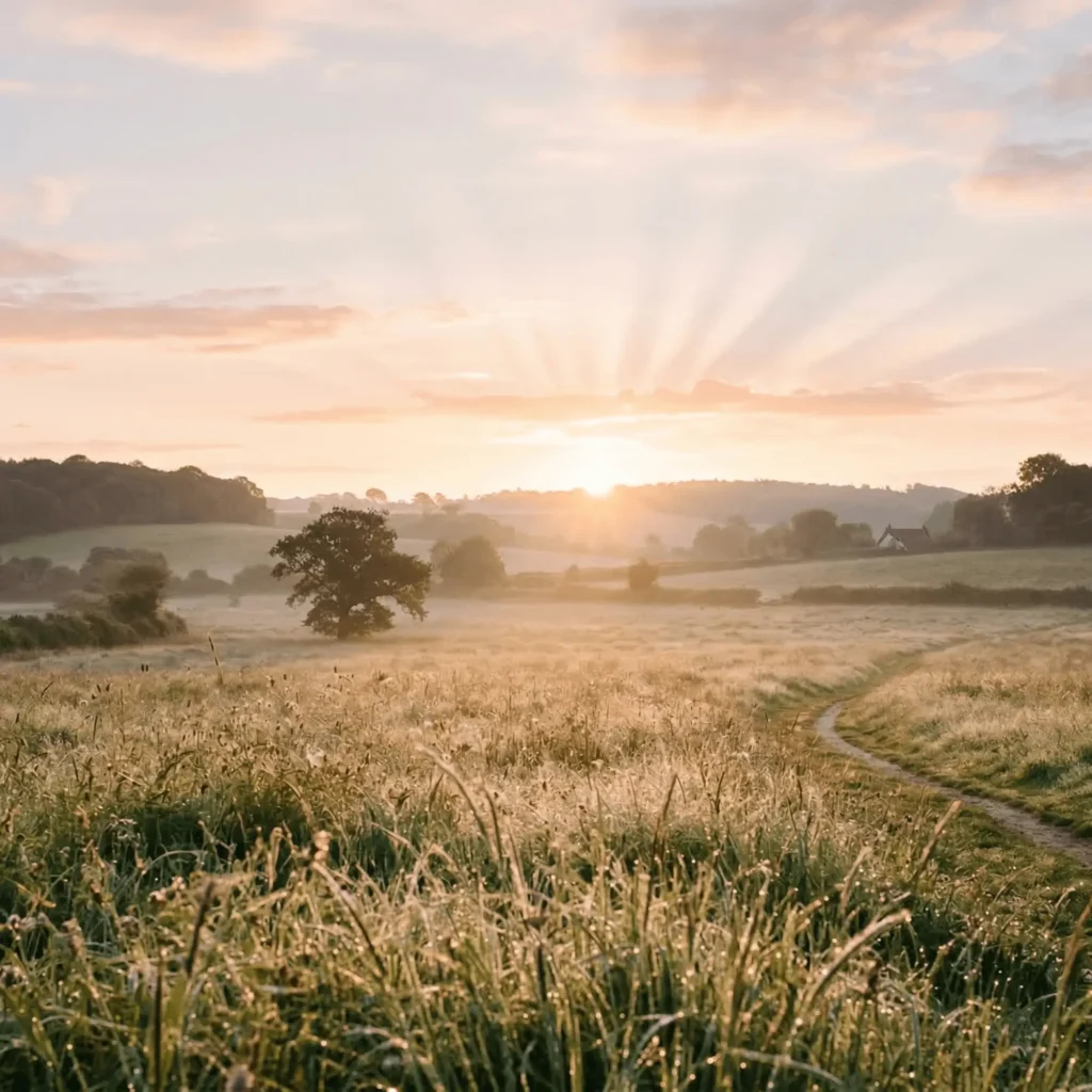 "شروق شمس هادئ فوق حقل مبلل بالندى، يجسد فكرة ميلاد العالم من جديد مع كل صباح وفرصة لبدء يوم مفعم بالجمال والسكينة."