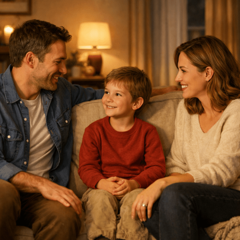 أب وأم يجلسان مع طفلهما في جلسة حوار هادئة داخل غرفة الجلوس، من دون هواتف، في جو عائلي دافئ يعزز التواصل والثقة.