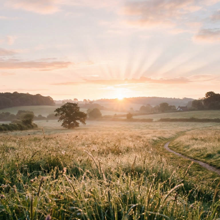 "شروق شمس هادئ فوق حقل مبلل بالندى، يجسد فكرة ميلاد العالم من جديد مع كل صباح وفرصة لبدء يوم مفعم بالجمال والسكينة."