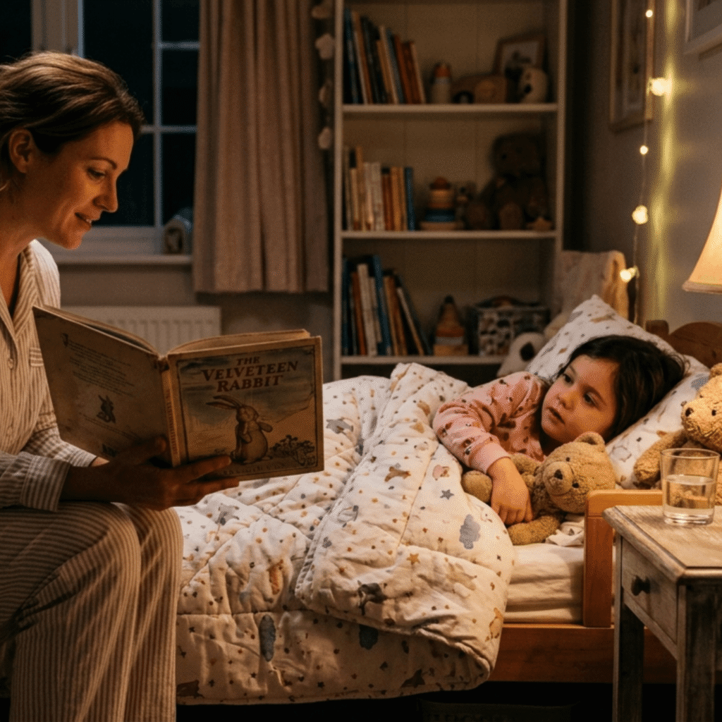 "أم تقرأ قصة قصيرة لطفلها قبل النوم تحت ضوء خافت، تعبيرًا عن دور القصص اليومية في غرس القيم وبناء وعي الطفل."

