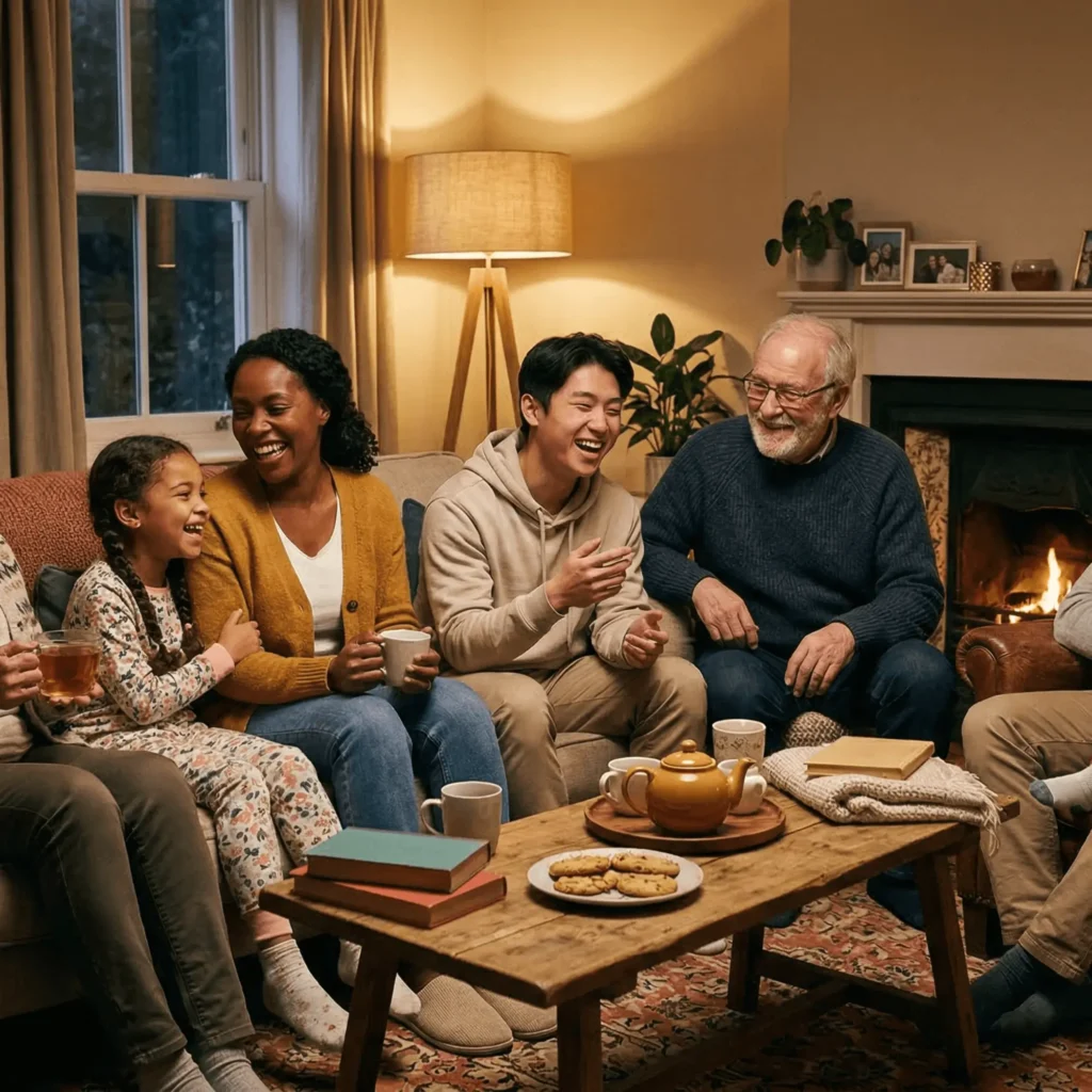 "عائلة تجلس في غرفة معيشة دافئة تتبادل الضحكات والأحاديث، لتجسيد بهجة العلاقات الإنسانية ودفء القلوب في تفاصيل الحياة اليومية."