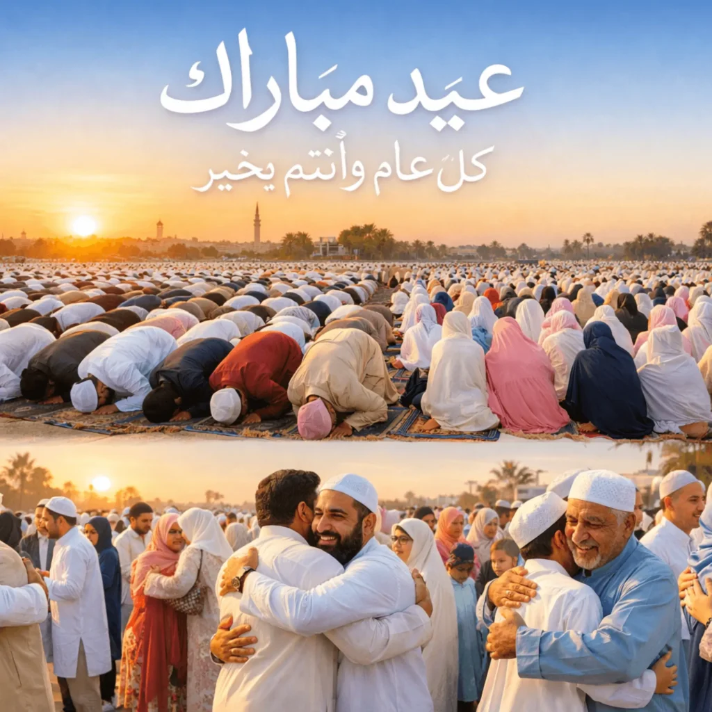 "مشهد لصلاة عيد الفطر في ساحة مفتوحة يعقبه تبادل التهاني والعناق بين الناس في أجواء مليئة بالفرح والإيمان."

