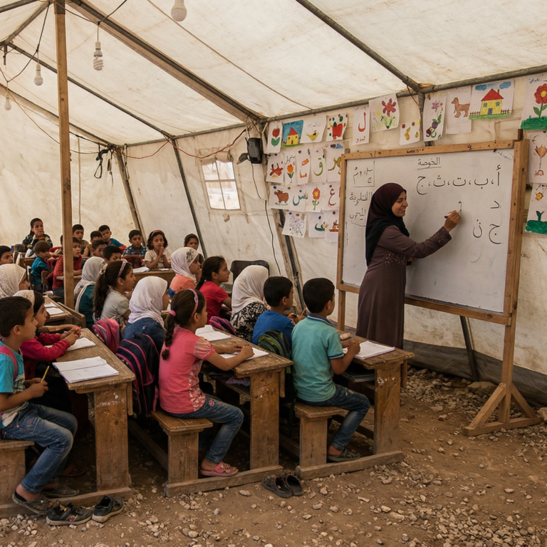 "قسم دراسي مؤقت داخل خيمة في غزة، يجلس فيه الأطفال حول معلمتهم، في محاولة للحفاظ على حقهم في التعليم رغم النزوح والدمار."