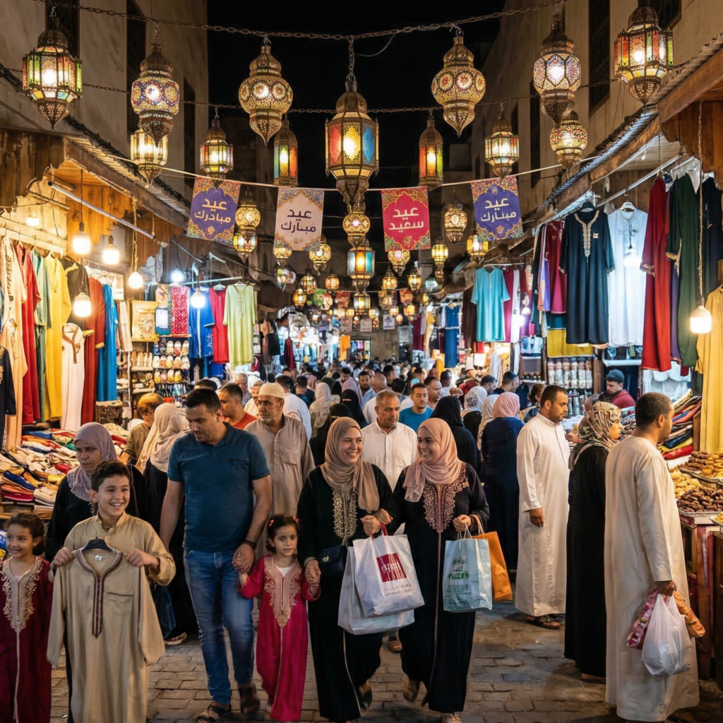 "سوق عربي مزدحم قبل عيد الفطر، تزينه الأضواء والفوانيس، حيث تشتري العائلات الملابس والحلويات استعدادًا ليوم العيد."

