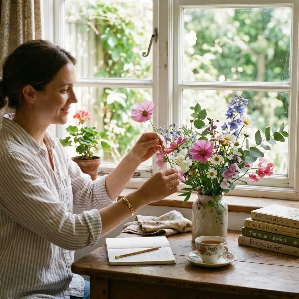 "شخص يرتب الزهور والكتب على طاولة صغيرة قرب النافذة في مشهد يعبر عن الإبداع كفعل حب وجمال يُمارَس في التفاصيل البسيطة للبيت."