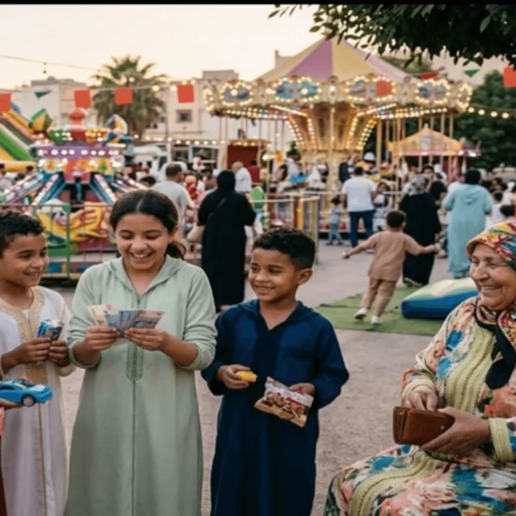 "أطفال يرتدون ملابس العيد الجديدة ويلعبون بالبالونات ويحملون العيدية في حديقة مزينة، تعبيرًا عن فرحة عيد الفطر للصغار."

