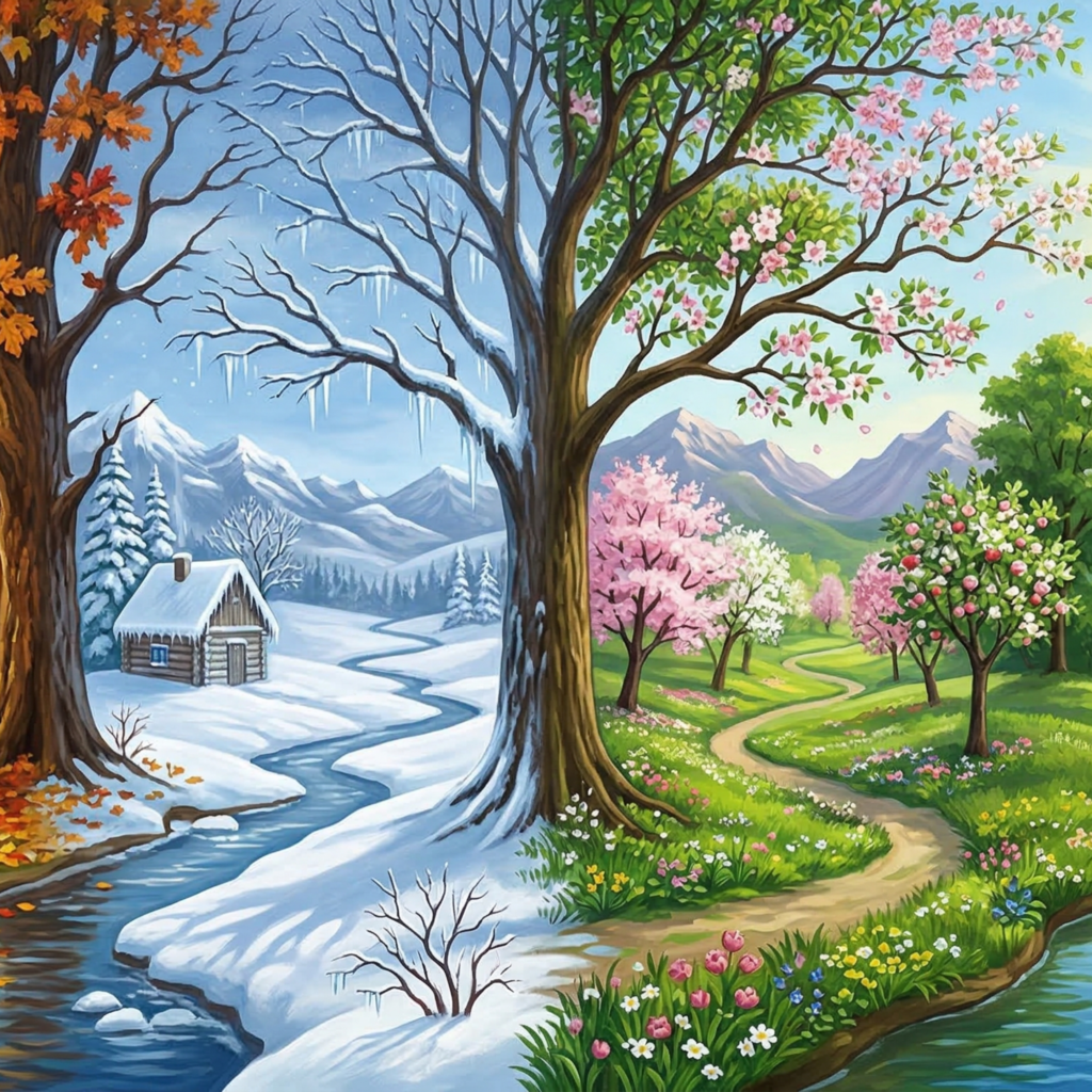 "منظر فني واحد يجمع الخريف والشتاء والربيع والصيف في لوحة متناسقة، يرمز إلى دورة الجمال في الحياة وتحوّل المشاعر عبر الفصول."