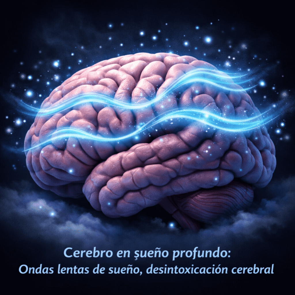 "رسم ثلاثي الأبعاد لدماغ إنسان أثناء مرحلة النوم العميق، مع موجات بطيئة مضيئة ترمز إلى نشاط الدماغ وتجدد خلاياه خلال هذه المرحلة."