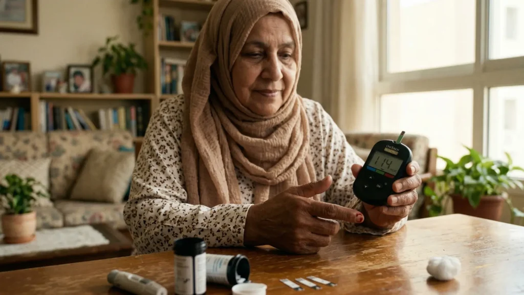 "شخص عربي يجري فحص سكر بسيط في الإصبع باستخدام جهاز قياس منزلي، في مشهد يرمز لأهمية الاكتشاف المبكر والمتابعة المنتظمة لمرضى السكري."

