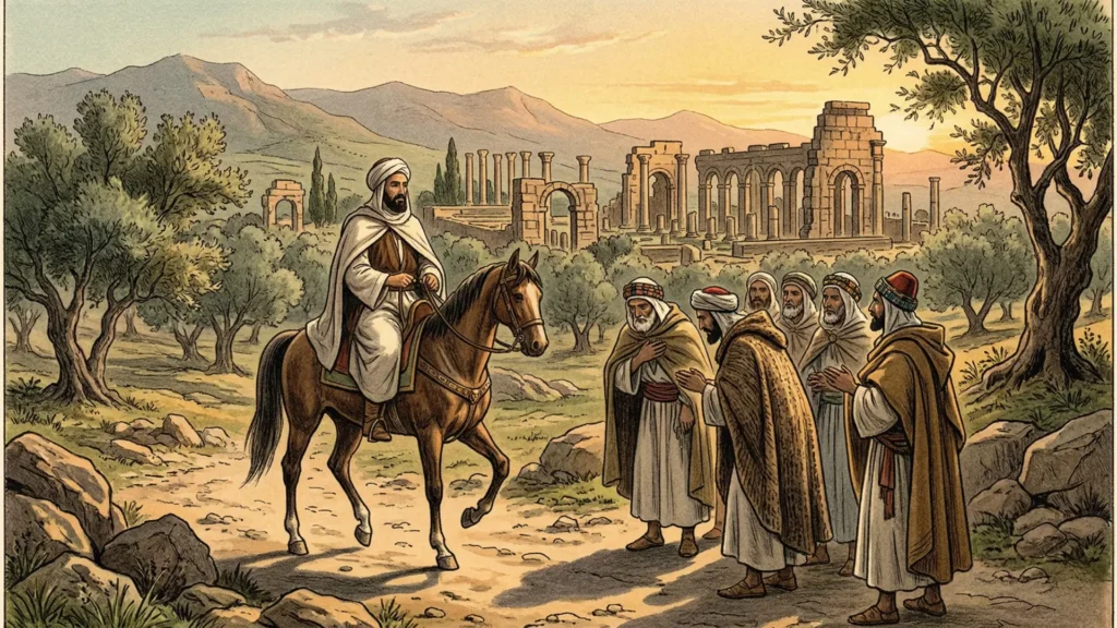 "لوحة تخيلية لوصول إدريس الأول إلى منطقة وليلي في المغرب، يستقبله زعماء قبائل أمازيغية وسط طبيعة جبلية وآثار رومانية، في إشارة لبداية فصل جديد في تاريخ البلاد."

