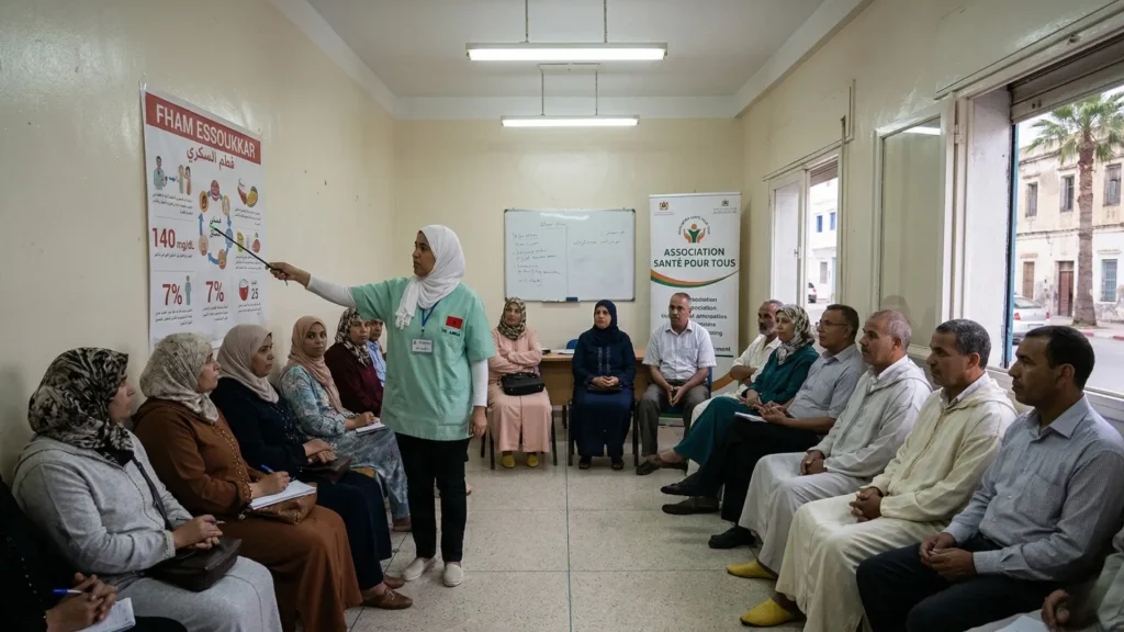 "ورشة توعوية حول داء السكري في مركز صحي مجتمعي، يقدم فيها طبيب عربي شرحًا مبسطًا أمام مجموعة من الرجال والنساء، تعبيرًا عن أهمية التثقيف الصحي."

