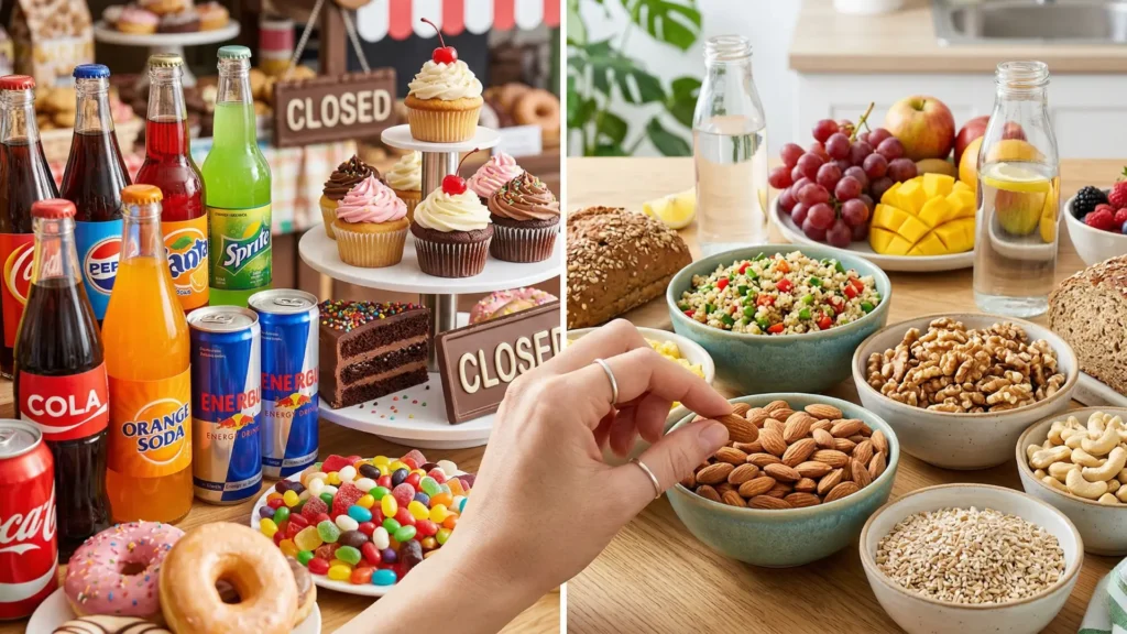 "صورة مقسومة بين أطعمة غنية بالسكر وأخرى صحية، مع يد تمتد لاختيار الخيار الصحي، لتوضيح أثر قراراتنا اليومية في الحماية من داء السكري."

