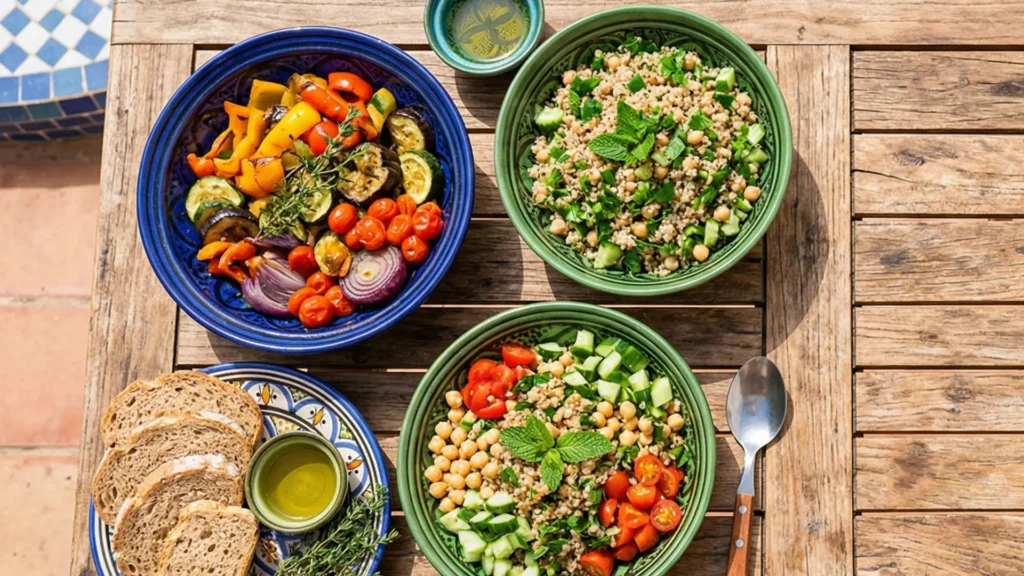 "طاولة تجمع بين أطعمة صحية وأحذية رياضية وقارورة ماء، لتجسيد دور الغذاء المتوازن والحركة اليومية في الوقاية من السكري من النوع الثاني."

