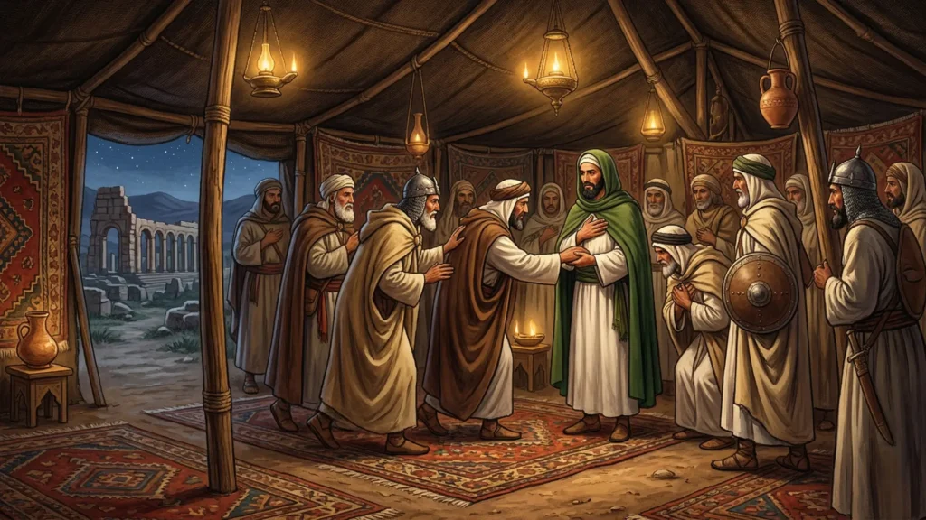 "مشهد تخيلي لبيعة قبيلة أوربة وأحلافها لإدريس الأول داخل خيمة كبيرة، حيث يمدّ الزعماء أيديهم في ولاء، في لحظة ترمز لولادة أول دولة مغربية مستقلة."

