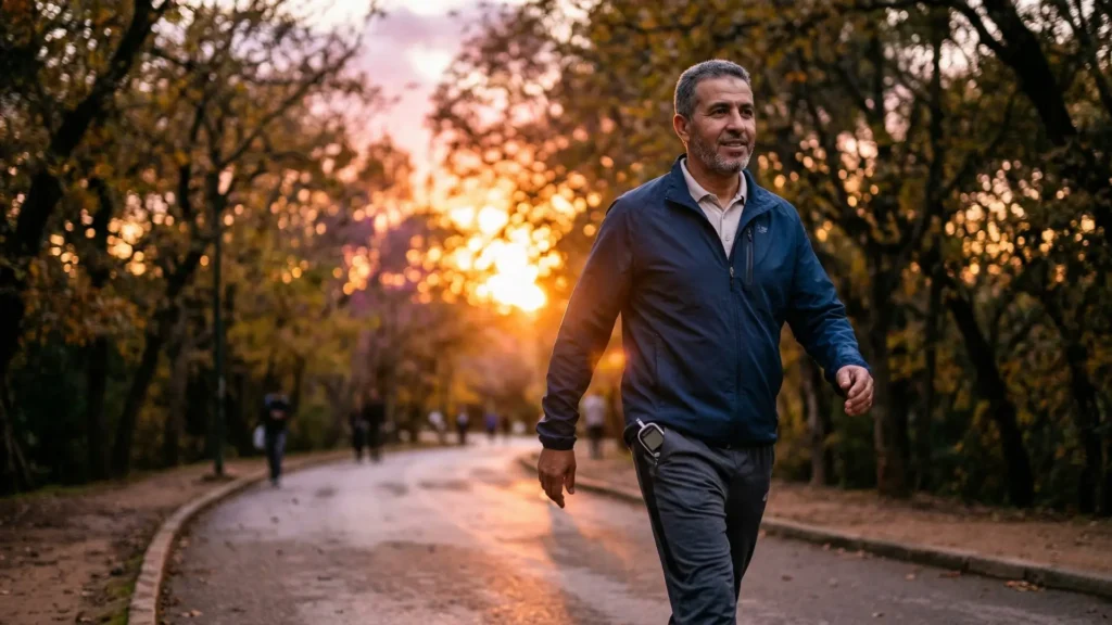 "رجل في منتصف العمر يمارس رياضة المشي في حديقة عامة وهو يحمل حقيبة صغيرة لأدويته، في صورة تعبر عن إمكانية التعايش الإيجابي مع مرض السكري."

