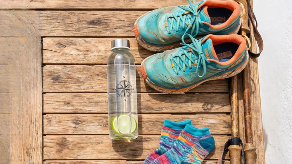 "طاولة تجمع بين أطعمة صحية وأحذية رياضية وقارورة ماء، لتجسيد دور الغذاء المتوازن والحركة اليومية في الوقاية من السكري من النوع الثاني."

