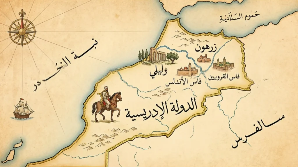 "خريطة قديمة مبسطة تُظهر مجال الدولة الإدريسية في المغرب الأقصى، مع إبراز وليلي وفاس كنقاط مركزية، لتقريب صورة الامتداد الجغرافي لعهد إدريس الأول."

