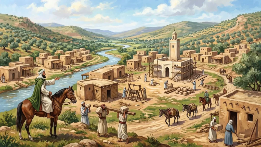 "رسم فني لنواة مدينة فاس الأولى على ضفة النهر، مع مسجد صغير قيد البناء وسكان يعملون في تشييد البيوت، تجسيدًا لدور إدريس الأول في وضع أسس العاصمة العلمية للمغرب."

