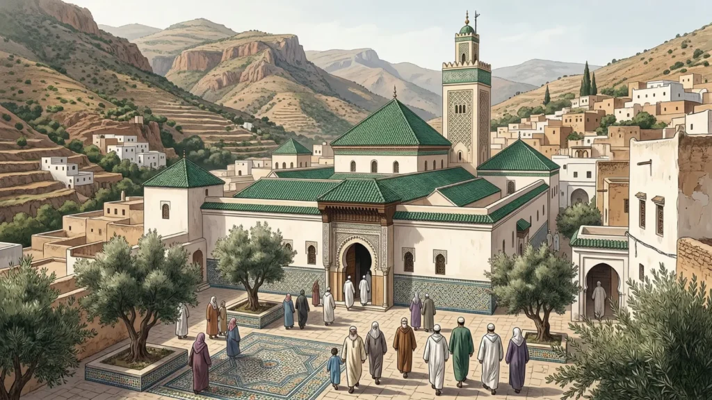 "صورة تمثيلية لضريح المولى إدريس الأول في مدينة مولاي إدريس زرهون، بعمارة مغربية تقليدية وزوار هادئين، كرمز لاستمرار حضور المؤسس في الذاكرة الدينية والتاريخية للمغرب."

