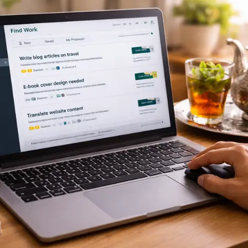 شاشة حاسوب تعرض منصة عمل حر مليئة بالمشاريع، توضح تعدد الفرص المتاحة للشباب عبر الإنترنت.


